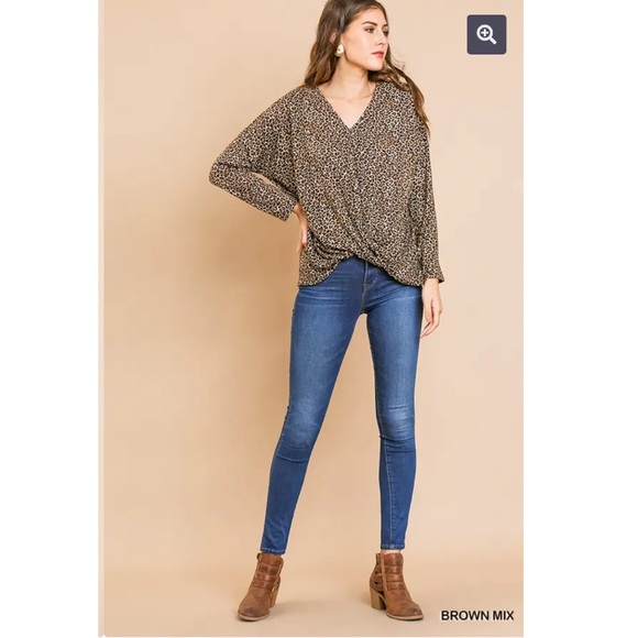 Umgee Animal-Print V-Neck Top w/ Front Gathering - Picture 9 of 12